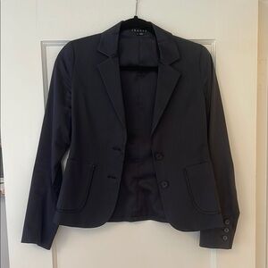 Theory Black and Navy Pinstripe Fitted Satin Blazer